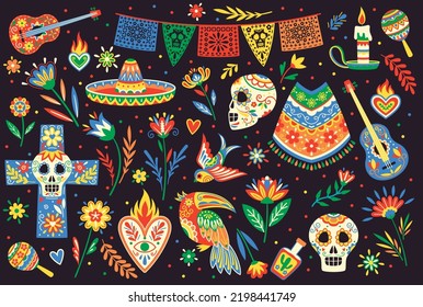 Dia de los Muertos or Day of Dead holiday. Traditional stickers with sombrero, guitar, skull and floral ornament. Halloween in Mexico. Cartoon flat vector collection isolated on black background