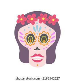Dia De Los Muertos, day of the dead woman. Vector Illustration for printing, backgrounds and packaging. Image can be used for greeting card, poster, sticker and textile. Isolated on white background.