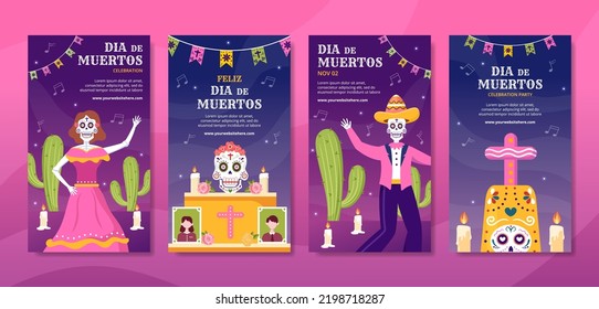 Dia De Los Muertos or Day of the Dead Social Media Stories Template Hand Drawn Cartoon Illustration