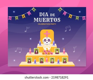 Dia De Los Muertos or Day of the Dead Photocall Template Hand Drawn Cartoon Illustration