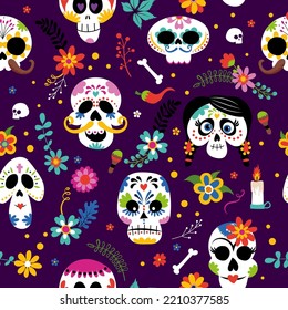 Dia de los Muertos (Tag der Toten) Cute Doodle Design. Papppapier für mexikanisches Halloween. lustige handgezeichnete Doodle, textielles Grafikdesign. Tapete, Wickelpapier, Hintergrund.