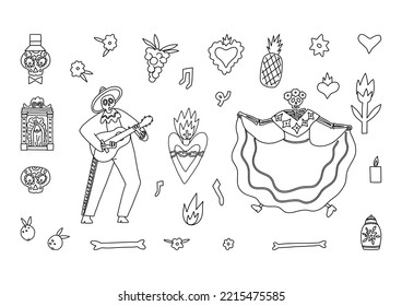 Dia De Los Muertos o el doodle Día de los Muertos, contorno conjunto de vector clipart. Bailando Catrina Calavera, esqueleto musical, corazones sagrados, cráneos de azúcar, ícono, fruta y flores de oro, velas puestas.