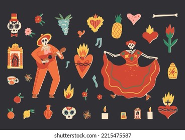 Dia De Los Muertos o la colección de conjuntos vectores de clipart muertos. Bailando Catrina Calavera, esqueleto musical, corazones sagrados, cráneos de azúcar, ícono, fruta y flores de oro, velas puestas.