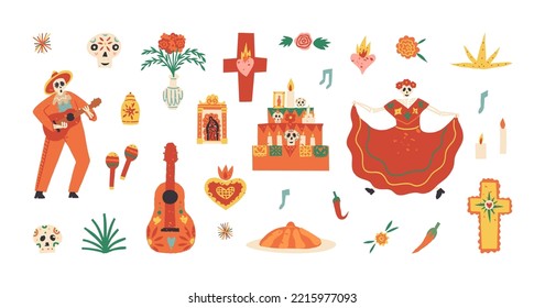 Dia De Los Muertos o Día de la Colección del Vector Muerto. Bailando Catrina Calavera, esqueleto de músicos, altar o santuario, corazones sagrados, pan de muerto, cráneo de azúcar, guitarra, flor de oro, etc.