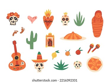 Dia De Los Muertos or Day of the Dead vector clipart collection. Sacred heart, pan de Muerto bread, sugar skull, guitar, marigold flower, maracas etc.