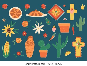 Dia De Los Muertos, Day Of The Dead Vector Clipart Retro Collection. Pan De Muerto Bread, Crosses With Sacred Hearts, Mexican Cactus And Marigold Flower, Chili Peppers, Corn, Avocado, Lemon Etc.