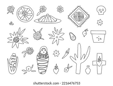 Dia De Los Muertos, Day of the Dead vector doodle, outline clipart collection. Pan de Muerto bread, sugar skull, marigold flower, chili peppers, corn, avocado, lemon etc.