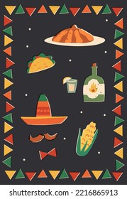 Dia De Los Muertos or Day of the Dead holiday A5 ad flyer, vector banner, greeting card, party invitation design. Pan de Muerto, traditional Mexican bread, sombrero, mustaches, tequila, taco and corn.