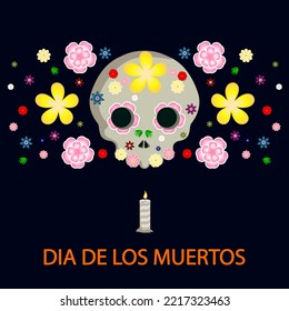 DIA DE LOS MUERTOS day dead skull with flowers, vector art illustration.