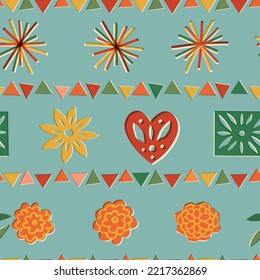 Dia de Los Muertos or Day of the Dead decoration, papel picado repeat or holiday papercut bunting vector seamless pattern. Pierced paper garland, cutout flags, fireworks, pom pom, marigold flowers.