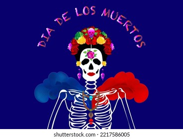 Dia de los muertos, Día de los Muertos Mexicanos. Calavera de mujer con maquillaje de Catrina con corona de flores. Cartel, cartel y tarjeta con cráneo de azúcar