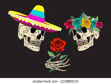 Dia de los muertos, Day of the dead, Mexican holiday, festival. Cartoon human skulls and hand with sombrero and roses. Traditional design elements for cards, posters, invitations. Vector illustration.