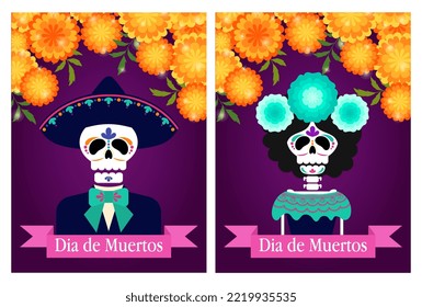 Dia de los muertos. Day of the Dead, Mexican holiday, festival. Woman and man skulls , banner with colorful Mexican flowers.