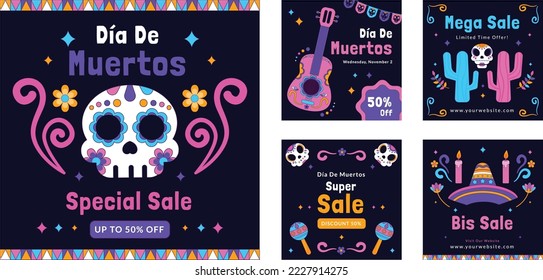 Dia de Los Muertos, tarjeta de saludo Día de los Muertos o Halloween, cartel, invitación. Calaveras de tatuajes de azúcar, flores de caléndula, decoración tradicional de esqueleto de México de Catrina Calavera Ilustración vectorial.