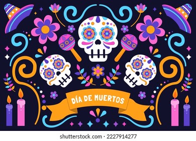 Dia de Los Muertos, Day of the Dead or Halloween greeting card, banner, invitation. Sugar tattoo skulls, marigold flowers, Catrina Calavera traditional Mexico skeleton decoration Vector illustration.