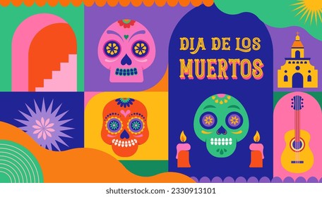 Dia de los muertos, Day of the dead, Mexican holiday, festival. Vector poster, banner and card in modern geometrical style, with skulls, church, guitar and flowers. Vector illustration 