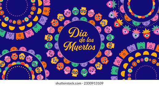 Dia de los Muertos, Day of the dead abstract Mexican background with circles of garlands, paper decorations and flowers. Vector illustration 