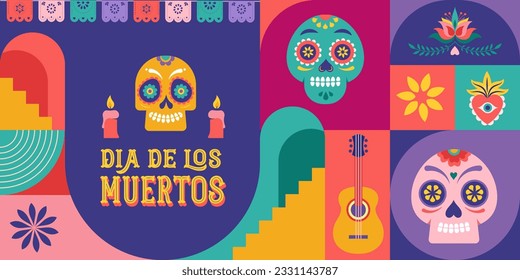 Dia de los muertos, Día de los Muertos, Fiesta Mexicana, Festival. Afiche vectorial, pancarta y carta de estilo geométrico moderno, con cráneos, iglesia, guitarra y flores. Ilustración del vector