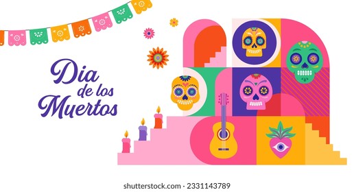 Dia de los muertos, Day of the dead, Mexican holiday, festival. Vector poster, banner and card in modern geometrical style, with skulls, church, guitar and flowers. Vector illustration