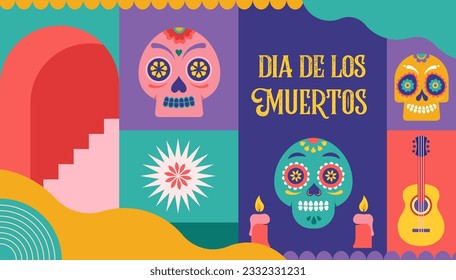 Dia de los muertos, Day of the dead, Mexican holiday, festival. Vector poster, banner and card in modern geometrical style, with skulls, church, guitar and flowers. Vector illustration