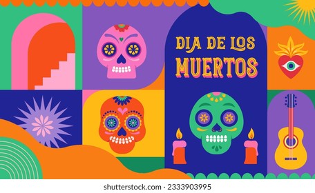 Dia de los muertos, Day of the dead, Mexican holiday, festival. Vector poster, banner and card in modern geometrical style, with skulls, church, guitar and flowers. Vector illustration