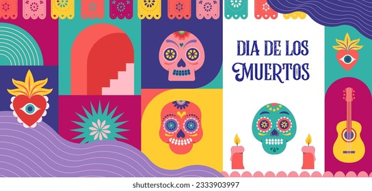 Dia de los muertos, Day of the dead, Mexican holiday, festival. Vector poster, banner and card in modern geometrical style, with skulls, church, guitar and flowers. Vector illustration