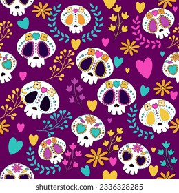 Dia de los muertos - Day of the dead set with Skulls, cat, moth. Seamless pattern for muerto and halloween 