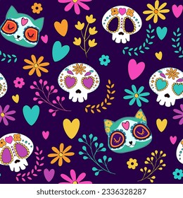 Dia de los muertos - Day of the dead set with Skulls, cat, moth. Seamless pattern for muerto and halloween 