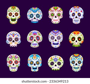 Día de los Muertos Día de muertos feriados mexicanos calavera cráneo de azúcar juego de vectores de dibujos animados. Cráculos de calaca decorados con motivos florales. Festival tradicional de México simbólico, fiesta de la muerte