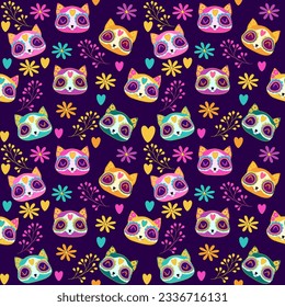 Dia de los muertos - Day of the dead set with Skulls, cat, moth. Seamless pattern for muerto and halloween 