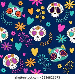 Dia de los muertos - Day of the dead set with Skulls, cat, moth. Seamless pattern for muerto and halloween 