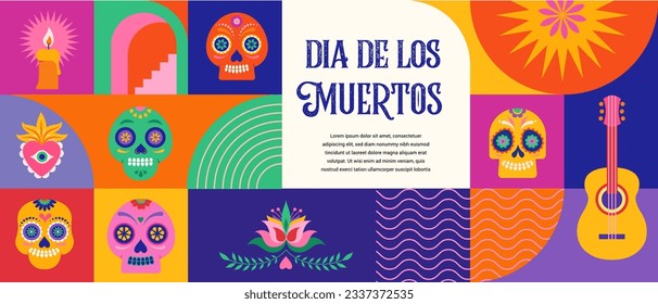 Dia de los muertos, Day of the dead, Mexican holiday, festival. Vector poster, banner and card in modern geometrical style, with skulls, church, guitar and flowers. Vector illustration