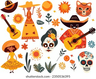 Dia de los Muertos, Day of the Dead celebration in Mexico with, featuring skulls, hat, guitar, and blooms. Vector design for posters, banners, and cards. Vector.