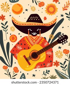 Dia de los Muertos, Day of the Dead celebration in Mexico with featuring skull, guitar, flowers and leaves around. Design for posters, banners, and cards. Vector.