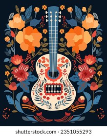 Dia de los Muertos, Day of the Dead celebration in Mexico with guitar, flowers and leaves around. Design for posters, banners, and cards. Vector