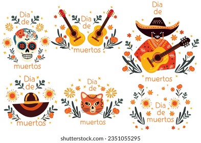 Dia de los Muertos, Day of the Dead celebration in Mexico with, featuring skulls, hat, guitar, and blooms. Vector design for posters, banners, and cards. Vector.