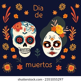 Dia de los Muertos, Day of the Dead celebration in Mexico with, featuring skull and colorful flowers and leaves. Vector design for posters, banners, and cards. Vector.