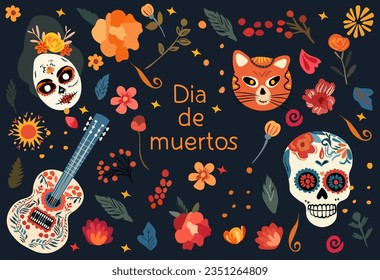 Dia de los Muertos, Day of the Dead celebration in Mexico. Beautiful poster, featuring skulls, hat, guitar, and blooms. Vector design for posters, banners, and cards. Vector.