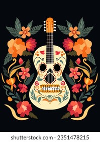 Dia de los Muertos, Day of the Dead celebration in Mexico with guitar, flowers and leaves around. Design for posters, banners, and cards. Vector