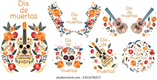 Dia de los Muertos, Day of the Dead celebration in Mexico with, featuring skulls, hat, guitar, and blooms. Vector design for posters, banners, and cards. Vector.