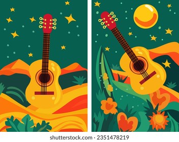 Dia de los Muertos, Day of the Dead celebration in Mexico with guitar, flowers and leaves around. Design for posters, banners, and cards. Vector