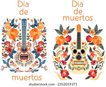 Dia de los Muertos, Day of the Dead celebration in Mexico with guitar, flowers and leaves around. Design for posters, banners, and cards. Vector