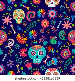 Dia de los muertos day of the dead seamless pattern with tropical flowers, calavera sugar skulls and bones. Vector repeated ornament in traditional alebrije style with calaca heads and floral elements