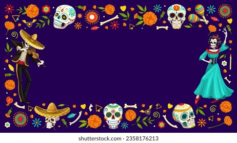 Dia De Los Muertos Day of the Dead holiday frame with cartoon sugar skulls, marigold flowers. Mexico Halloween vector characters of mariachi musician and Catrina Calavera dancer skeletons with maracas