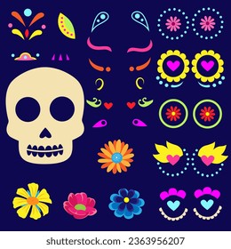 Dia de Los Muertos, Day of the Dead or Halloween set elements. Sugar tatoo skulls, flowers, skeleton decoration Vector illustration.