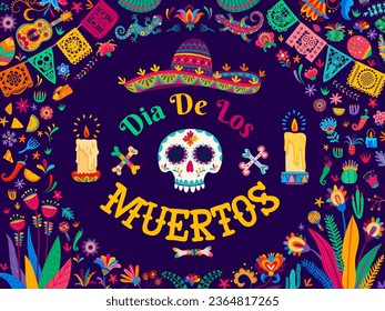 Dia de Los Muertos or Day of Dead banner with calavera skull in sombrero, vector papel picado flags and candles. Mexican holiday Dia de Los Muertos background, guitars and maracas in floral ornament