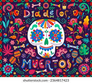 Dia de Los Muertos or Day of Dead Mexican holiday vector banner with tropical flowers and candles. Calavera sugar skull and bones in floral pattern ornament of Mexican maracas and chili peppers