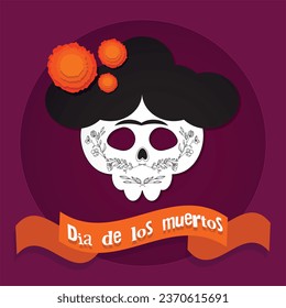 Dia de los muertos, Day of dead, Mexican holiday, festival. Poster, banner and card with make up of sugar skull, woman with flower crown. Halloween concept design. Vector illustration in paper style