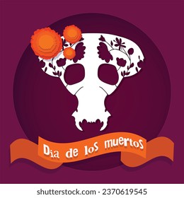 Dia de los muertos, Day of dead, Mexican holiday, festival. Poster, banner and card with make up of sugar skull, woman with flower crown. Halloween concept design. Vector illustration in paper style