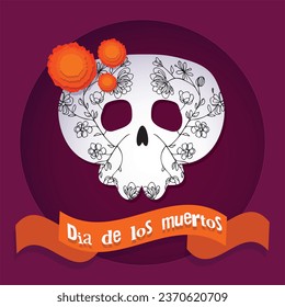 Dia de los muertos, Day of dead, Mexican holiday, festival. Poster, banner and card with make up of sugar skull, woman with flower crown. Halloween concept design. Vector illustration in paper style